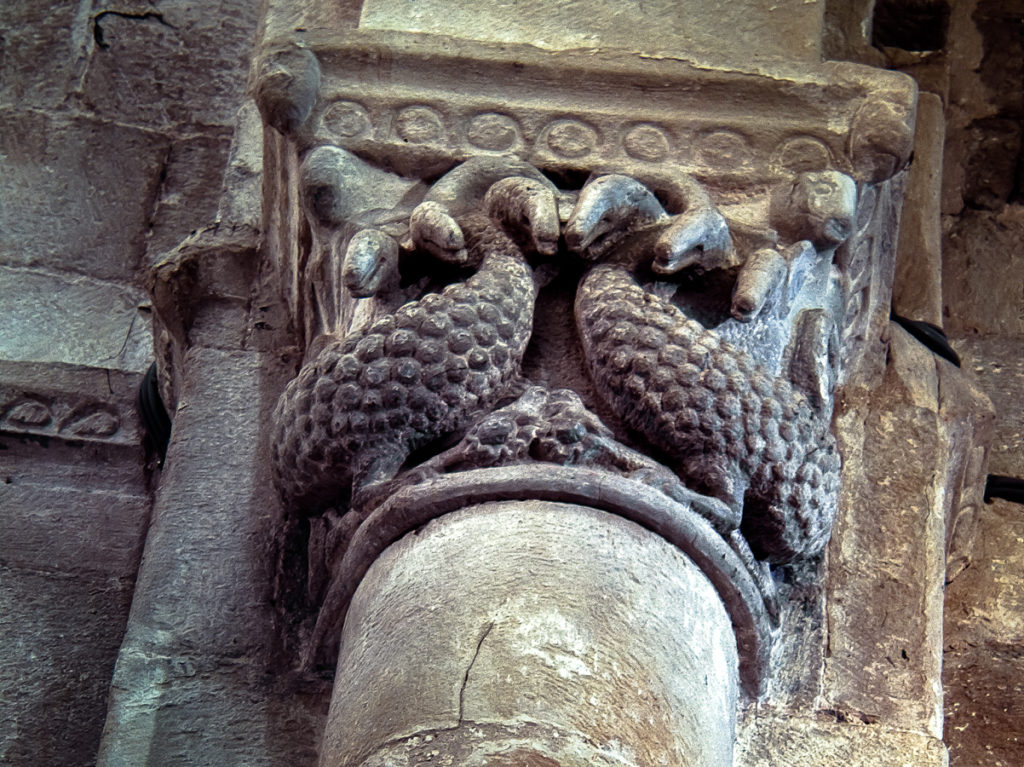 Hidras afrontadas en un capitel interior de la iglesia parroquial de la villa cantabra de Bareyo