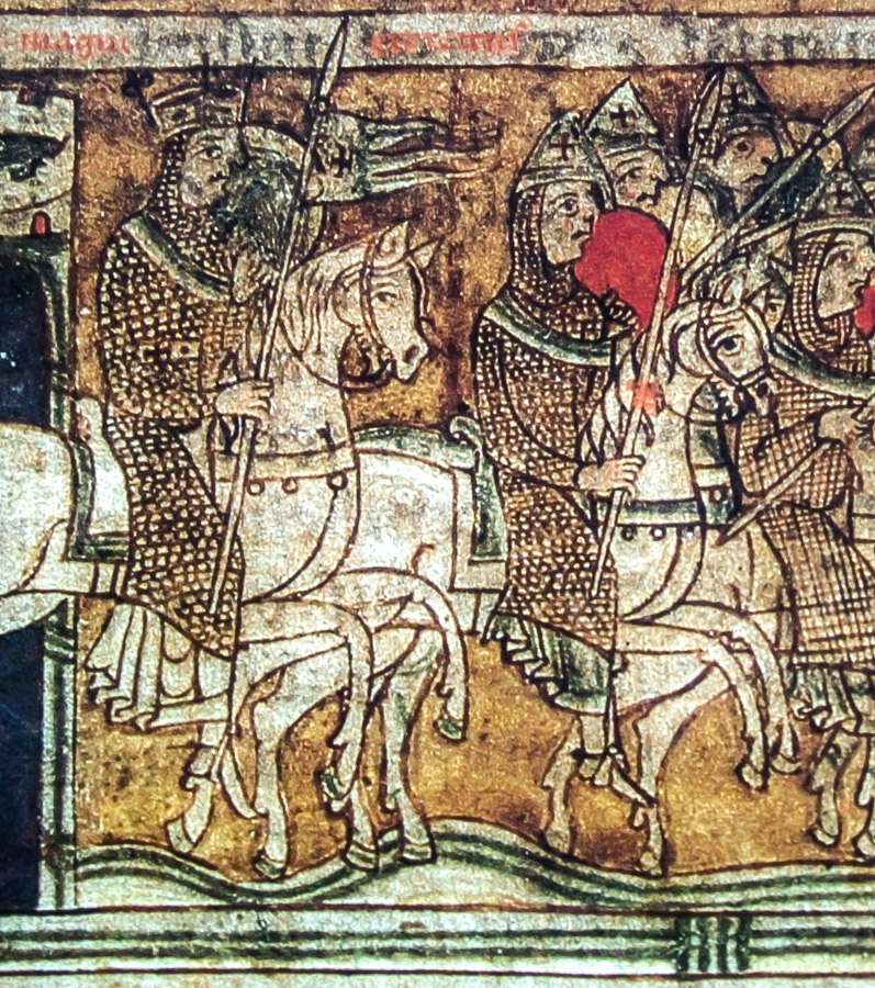 Fragmento del folio 162 del Codex Calixtinus con los soldados de Carlomagno sobre sus caballos Archivo de la Catedral de Santiago de Compostela)