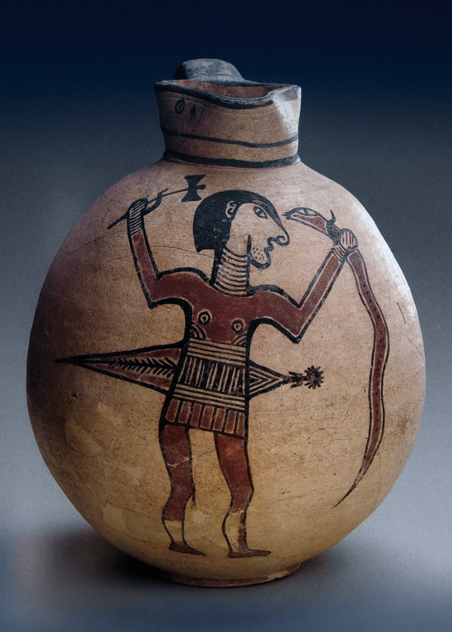 Guerrero tratando de decapitar una serpiente con un hacha de doble filo Labrys Ceramica de Chipre 670 aC del tipo Free Field Bicromo IV Grecia
