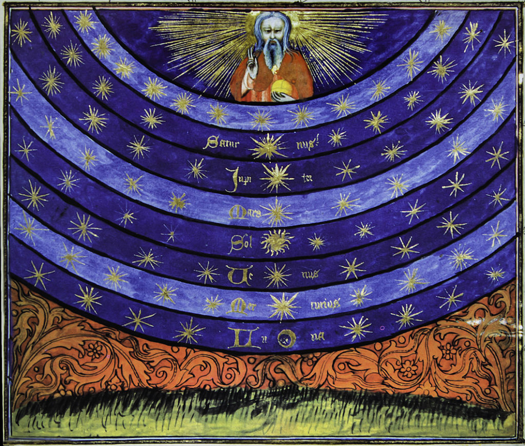 Nicolas Oresme s XIV describe en su Livre du ciel et du monde Biblioteca Nacional de Paris la concepcion pitagorica de los ordenes celestes presididos por la divinidad