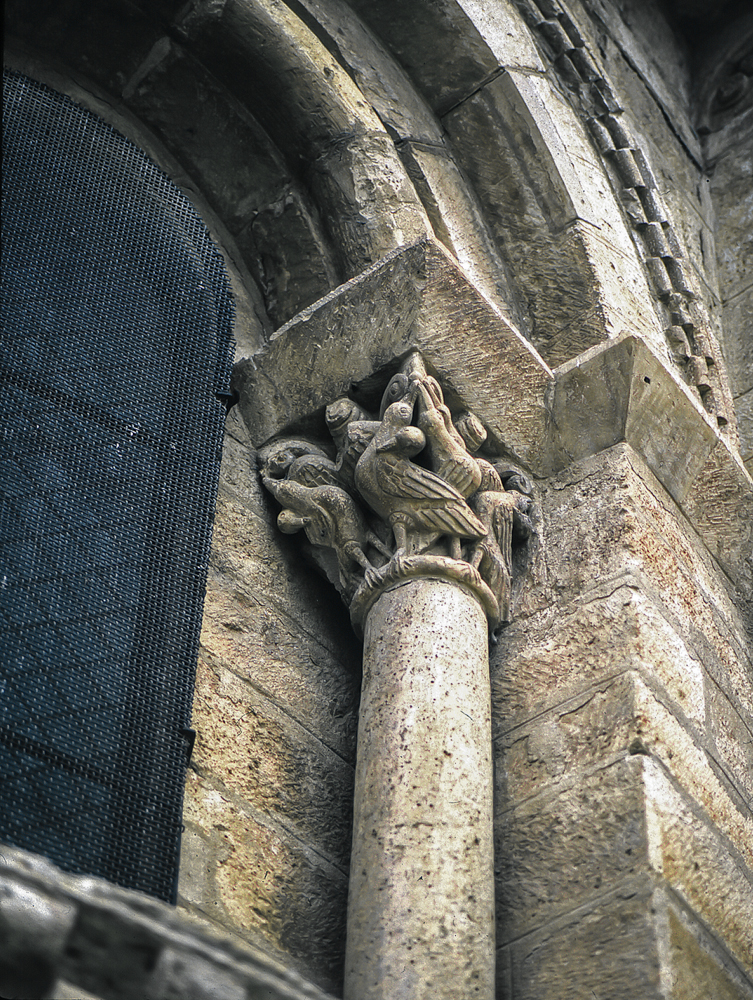 Capitel con pelicanos en una de las ventanas absidales de la iglesia de San Martin de Tours en Fromista Palencia