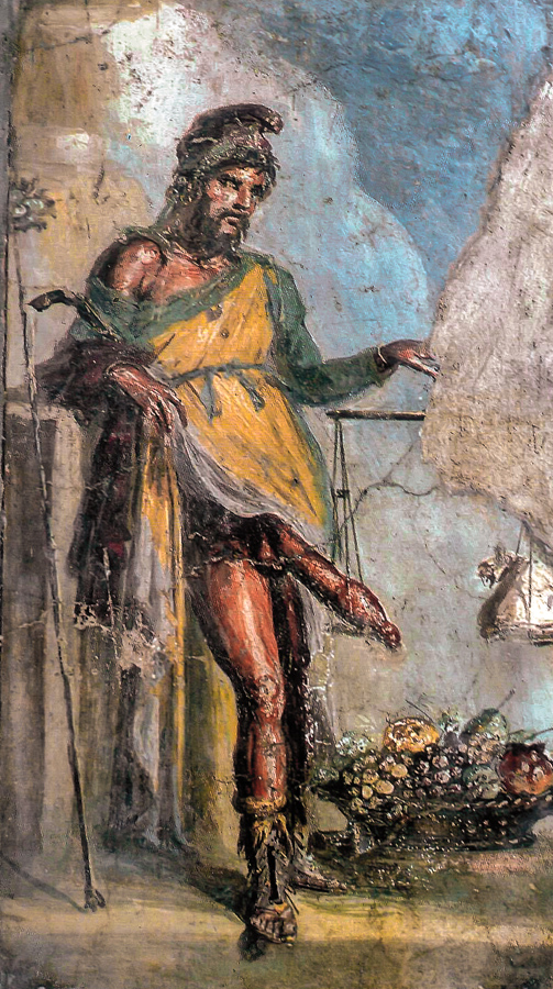 Pintura mura hallada en la entrada de la Casa de Vetti en Pompeya en la que se representa al dios Priapo como protector de la vivienda y sus ocupantes
